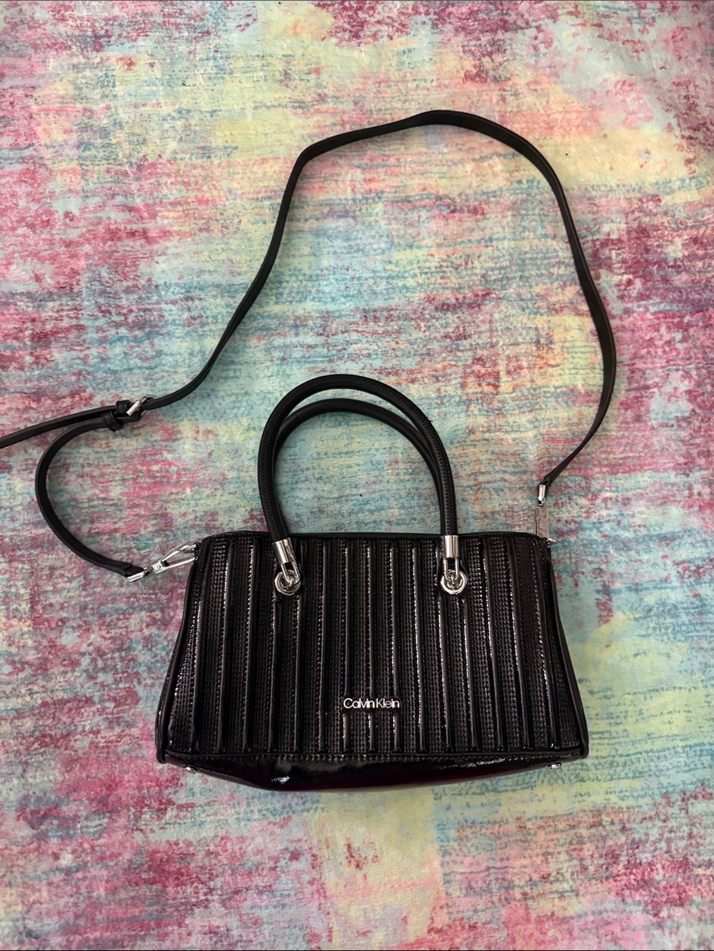 Calvin Klein Black Quilted Patent Satchel with Crossbody Strap